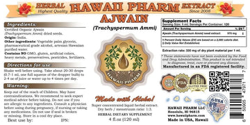 Hawaii Pharm Ajwain Liquid Extract Tincture, Organic Ajwain Seeds, 2 Fl Oz, Glass