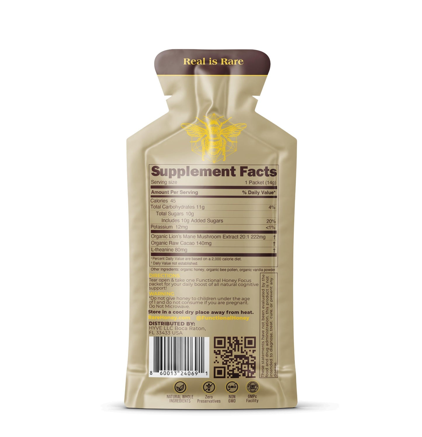 HYVE Mind Functional Honey - Focus & Memory Organic Honey with Lions Mane Mushrooms, Raw Cacao, Bee Pollen & L-Theanine - Cogni