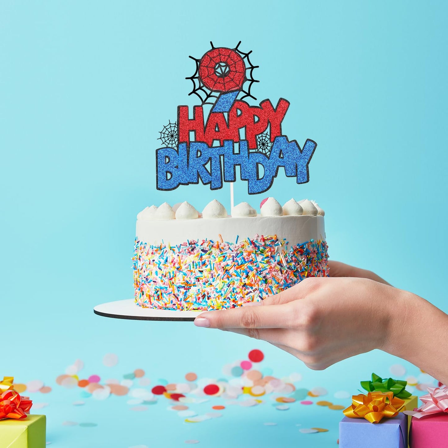 XIHIRCD Spider Birthday Cake Topper, Double-Sided Cupcake Decoration, Model 049, Colors: Black, Blue, Red, Number 9