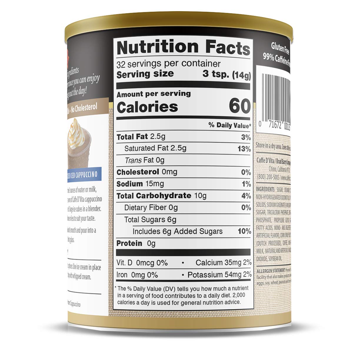 Caffe DVita Amaretto Cappuccino Mix, Gluten Free, 16 Oz Can, Pack of 6