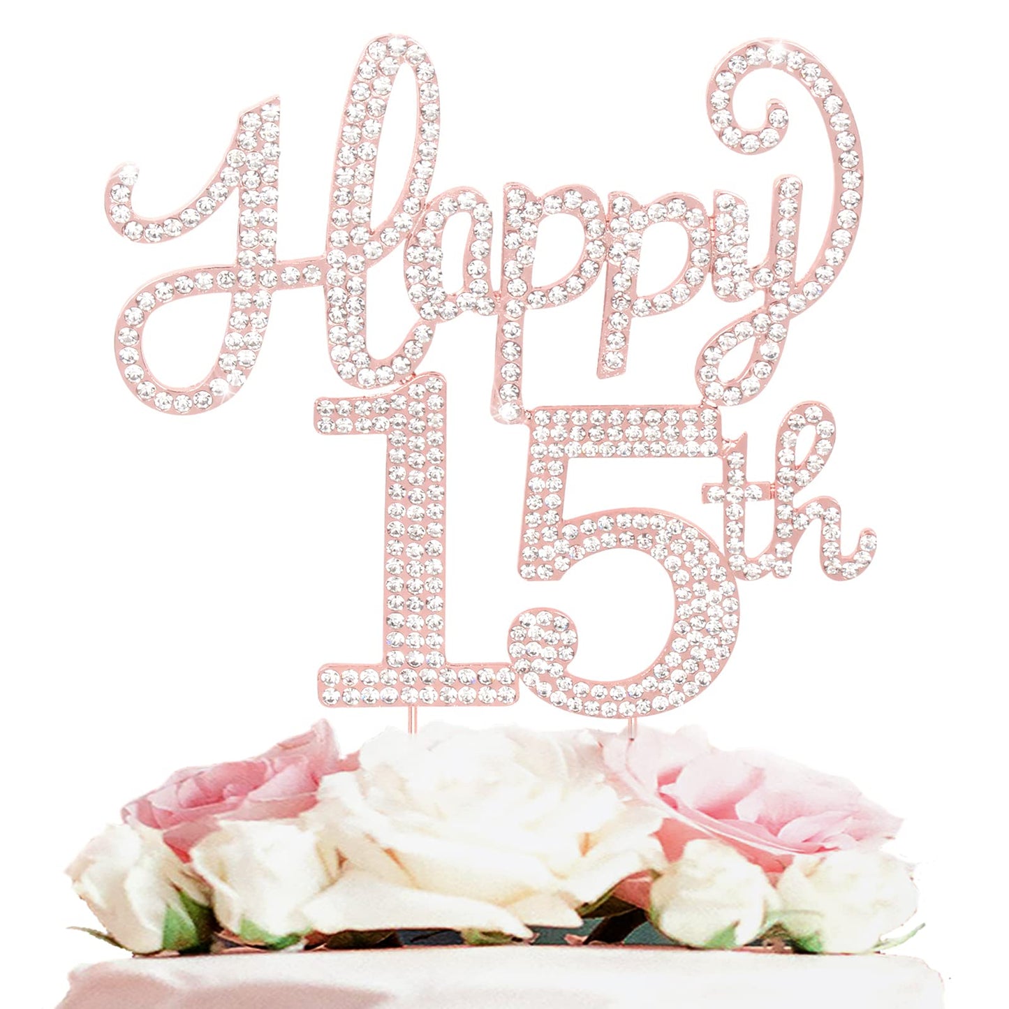 Happy 15Th Birthday Rose Gold Rhinestone Cake Topper - 15Th Birthdayanniversary,Cheers To Fifteen Years Old Bday Party Metal Spa