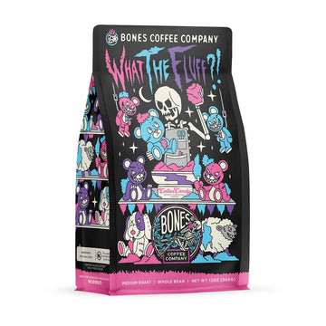 Bones Coffee Company What The Fluff?! Flavored Coffee Beans, Medium Roast Ground Coffee Low Acid, Berry Cotton Candy Flavor (12 Oz)