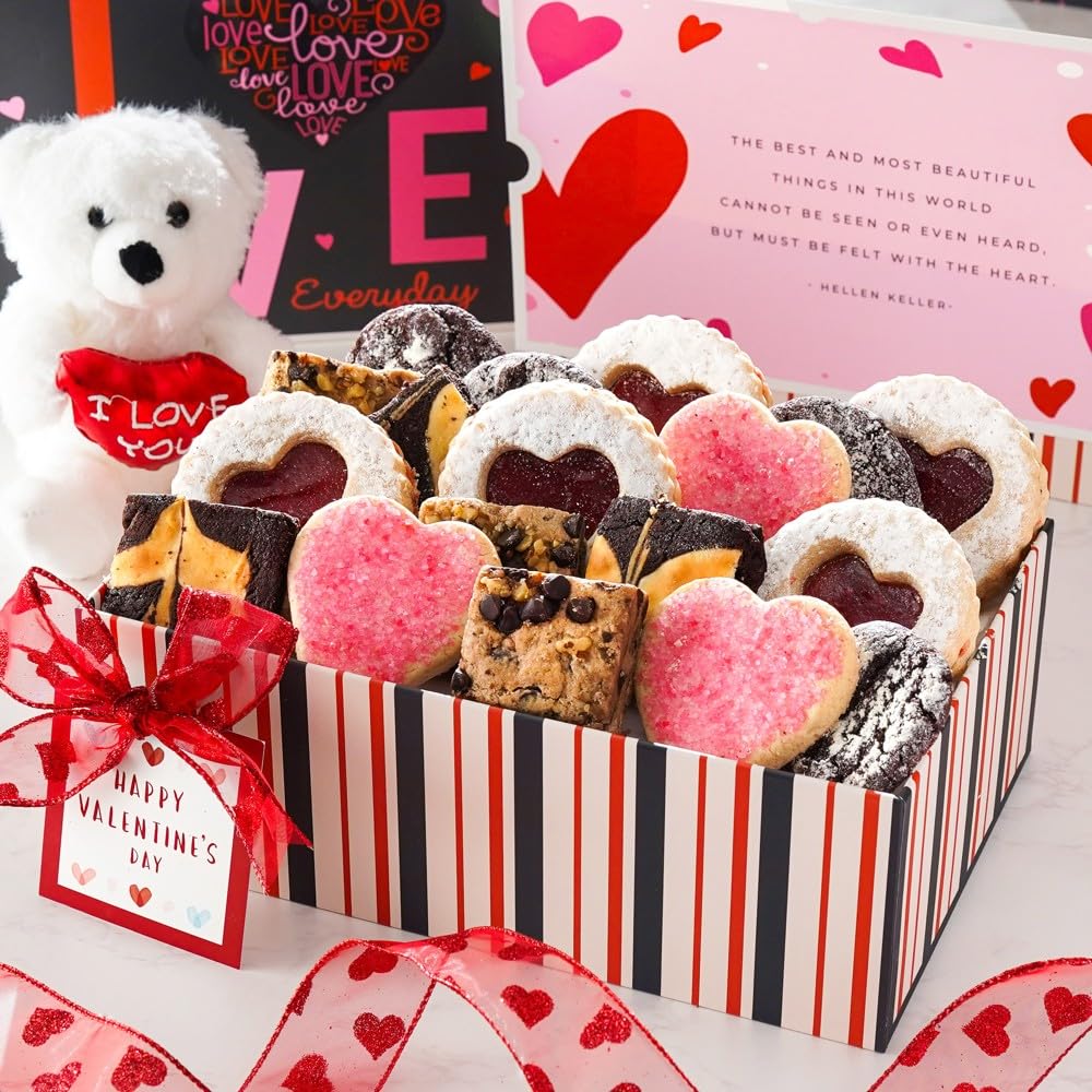Broadway Basketeers Valentines Cookies And Brownies Gift Basket With I Love You Teddy Bear For Her Him Women Kids & Heart Linzer Cookies