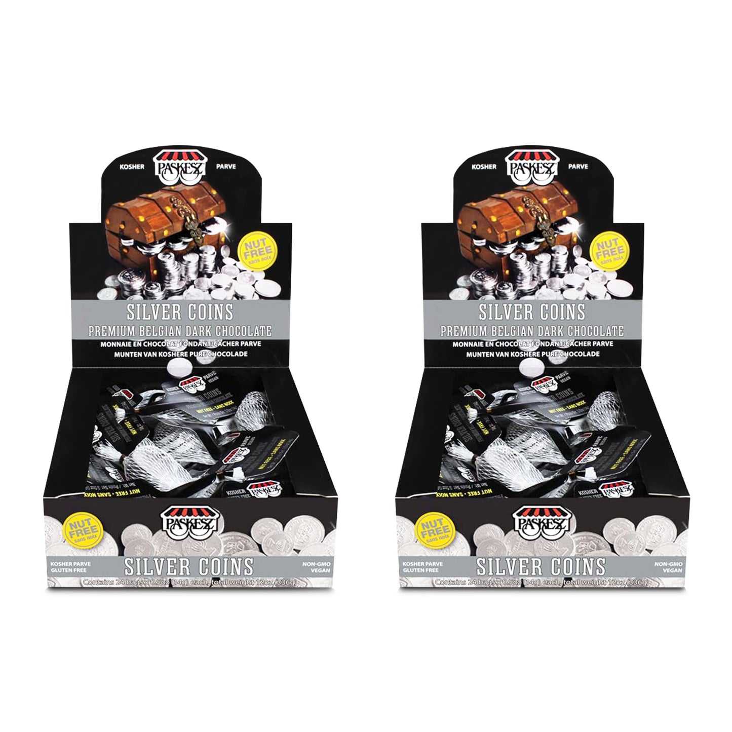 Only Kosher Candy Nut Free Dark Chocolate Hanukkah Gelt Coins With Silver Foil Wrap 24 x 0.5 Oz Sacks (Mesh Bags) Delicious Choc