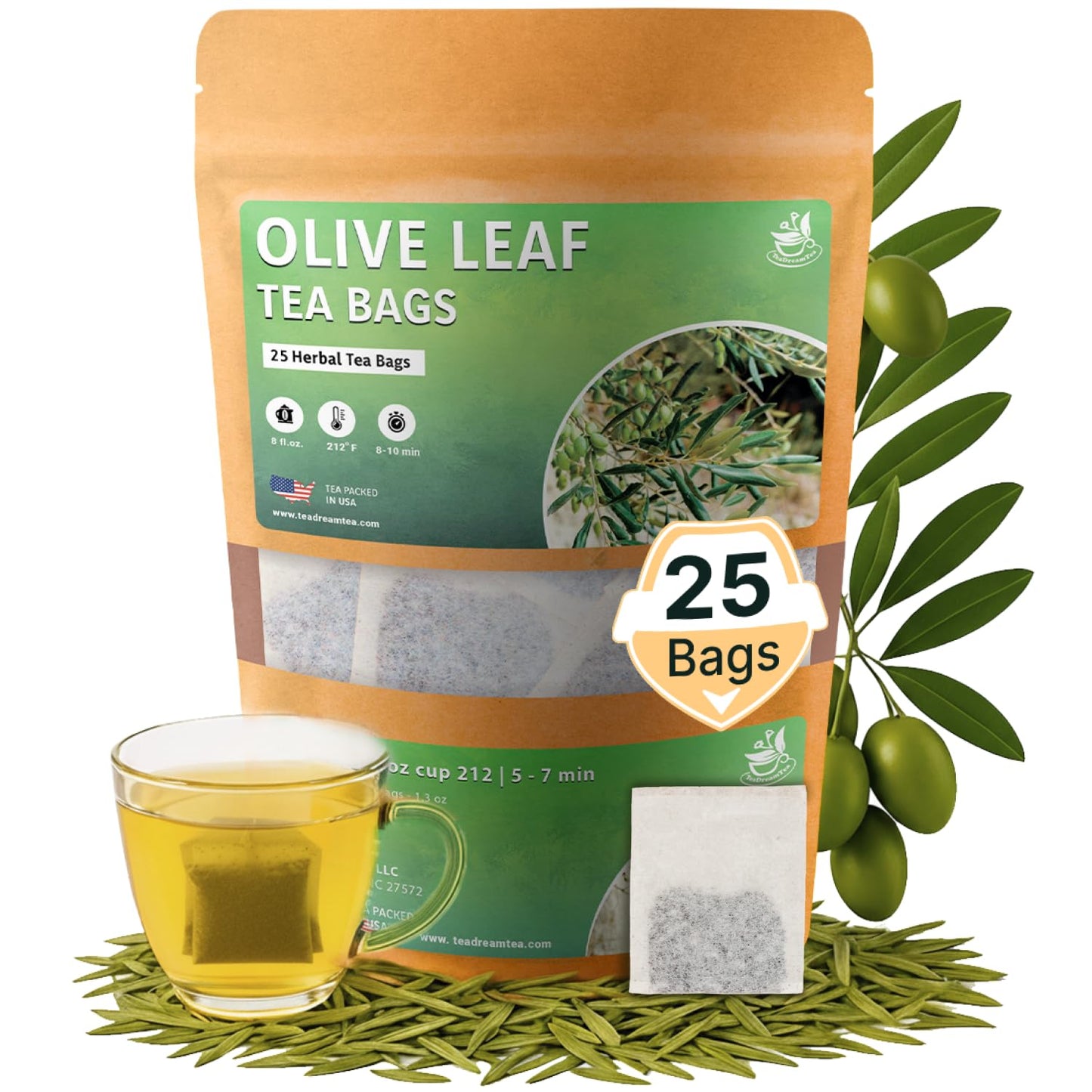 Olive Leaf Tea Bags - 25 Bags (Top-Grade Dried Olive Leaf Tea - 25 Count) Natural Extract Energy Blend-Free Herbal Tea For Health & Immune Support