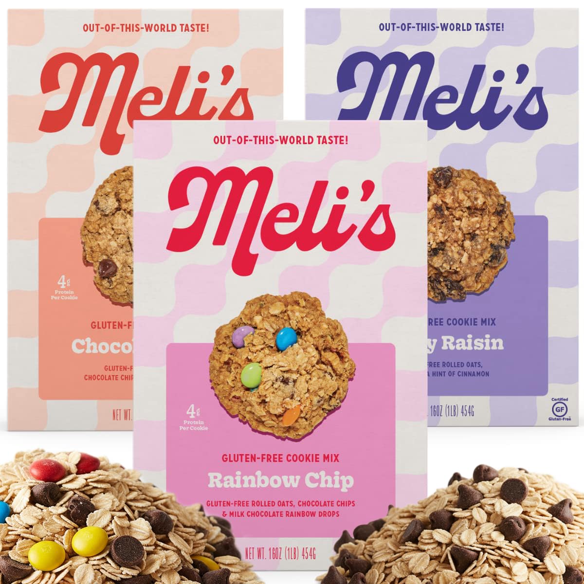 Melis Gluten Free Cookie Mix Cookies Variety Pack - Chocolate Chip Rainbow Chip & Oatey Raisin High Protein Baking Mix Easy Bake Oven Mixes For Sweet Treats & Desserts 16Oz Box 3-Pack