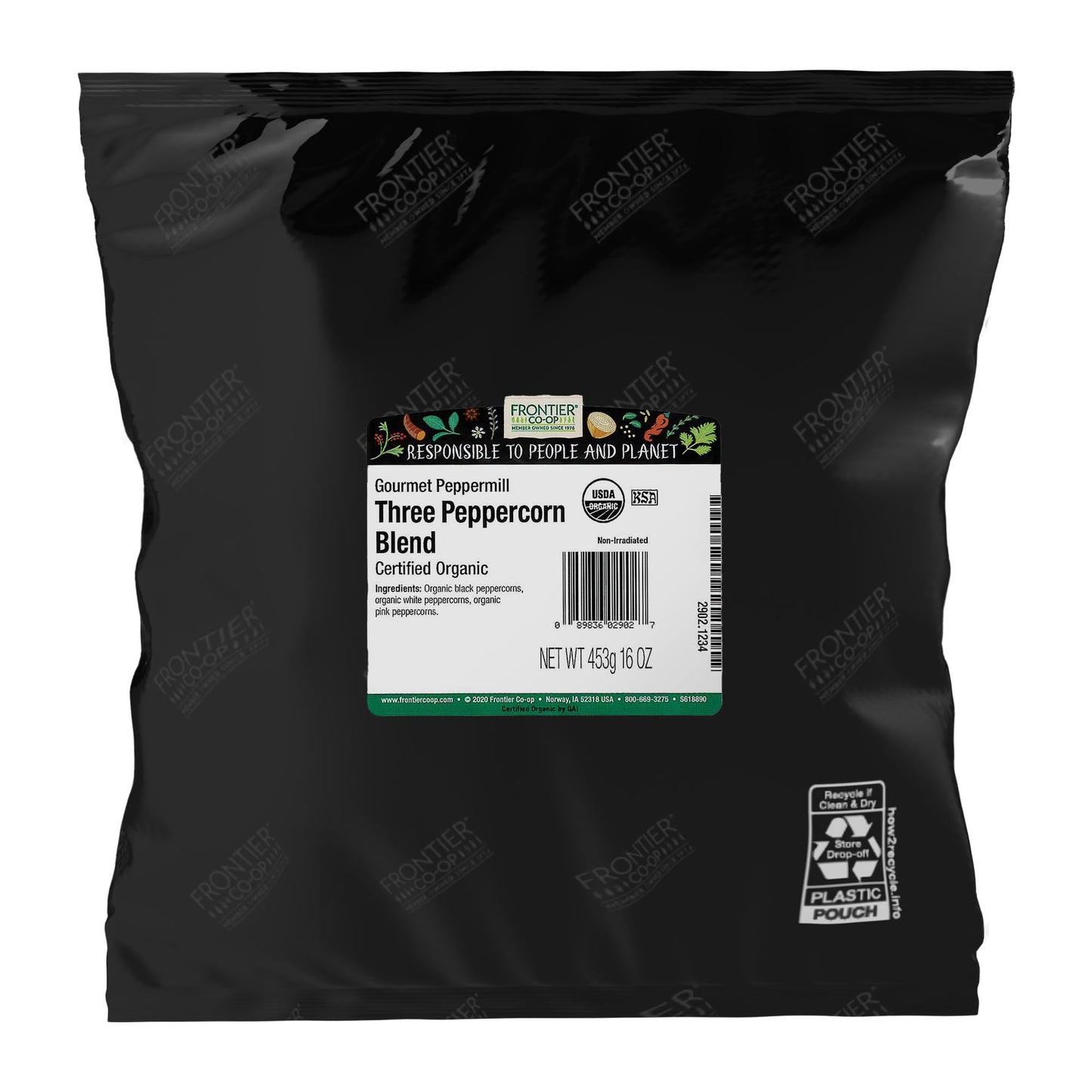 Frontier Co-Op Organic 3-Pepper Peppermill Blend 1Lb Bulk Bag - Salt-Free Gourmet Peppercorn Mix For Restaurant Supply Grinders Shaker Refill