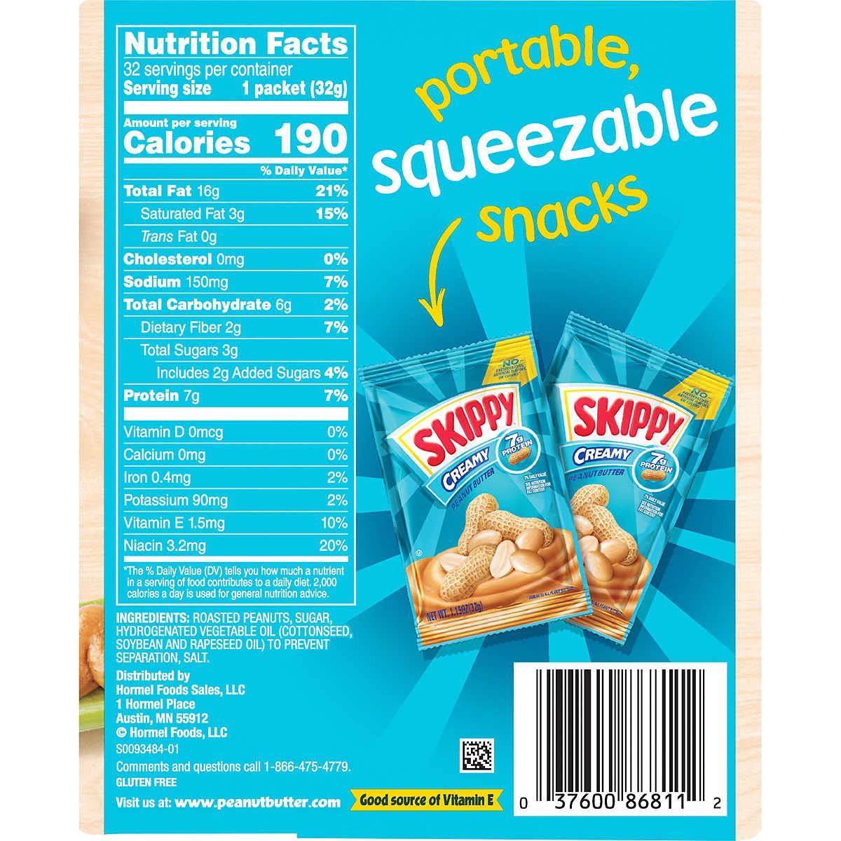 Skippy Creamy Peanut Butter Squeeze Packets, 1.15 Oz, 32 Ct