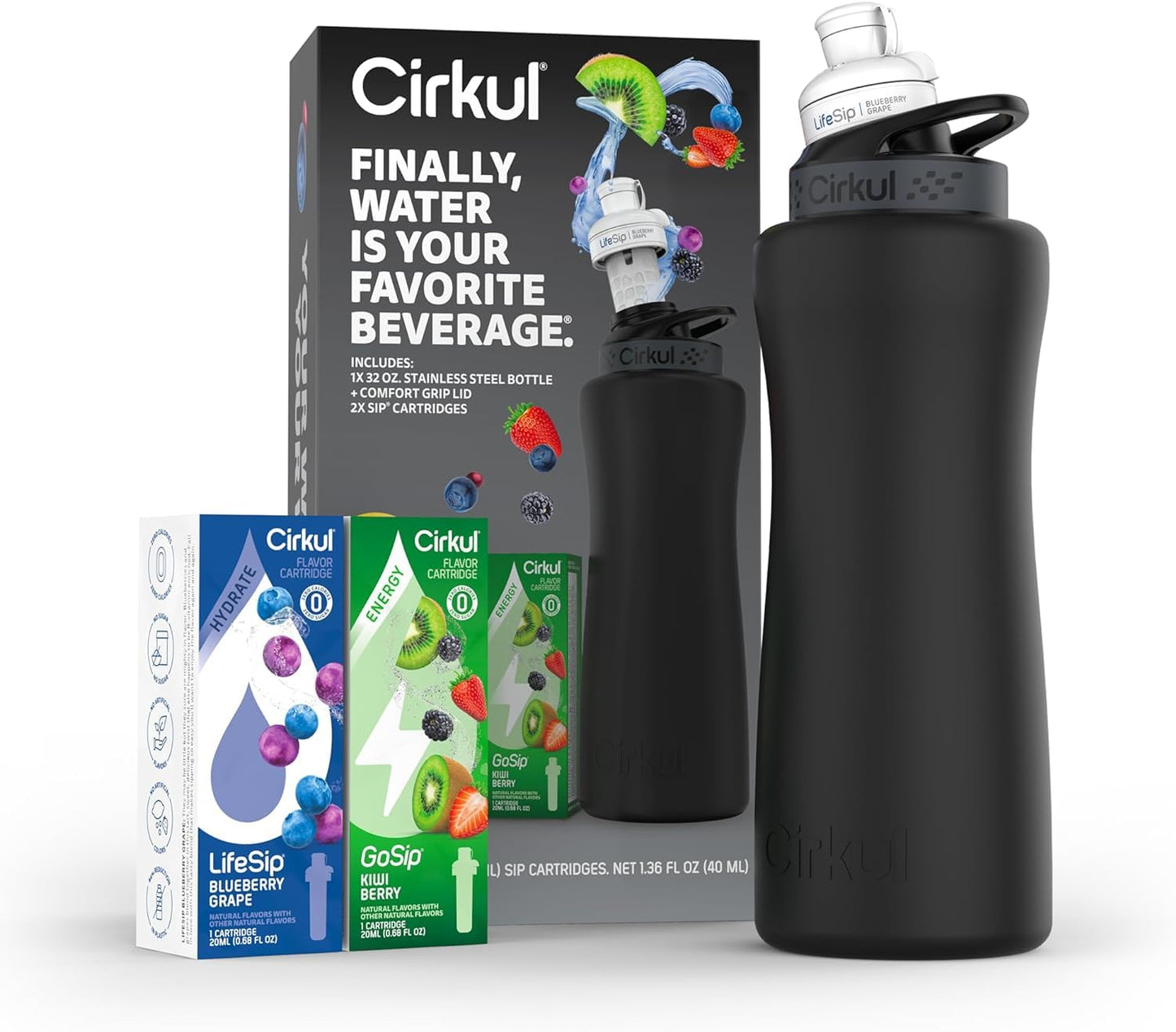 Cirkul 32oz. Matte Black Stainless Steel Water Bottle Starter Kit with Black Lid and 2 Flavor Cartridges (1 LifeSip Blueberry Gr