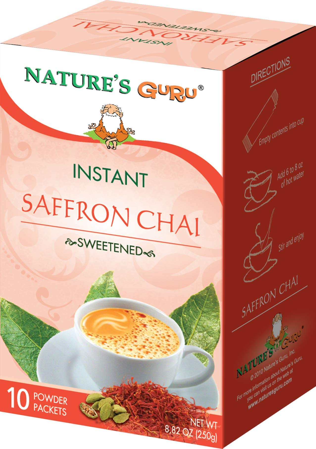 Natures Guru Instant Saffron Chai Tea Drink Mix Sweetened 10 Count Single Serve On-the-Go Drink Packets