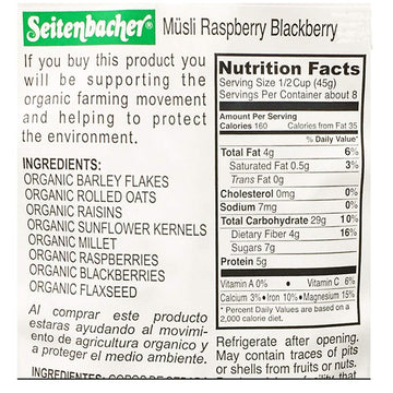 Seitenbacher Muesli Organic Oat, Barley, Raspberry And Blackberry Muesli, Wheat Free, 3 Pack 13.2-Ounce Bags, Made In Germany