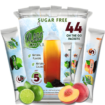 Klass Iced Tea Drink Mix - Sugar Free Variety Pack - Peach & Lime Black Tea On-The-Go! (44 Count Powder Stick Packs) 5 Calories Per Packet