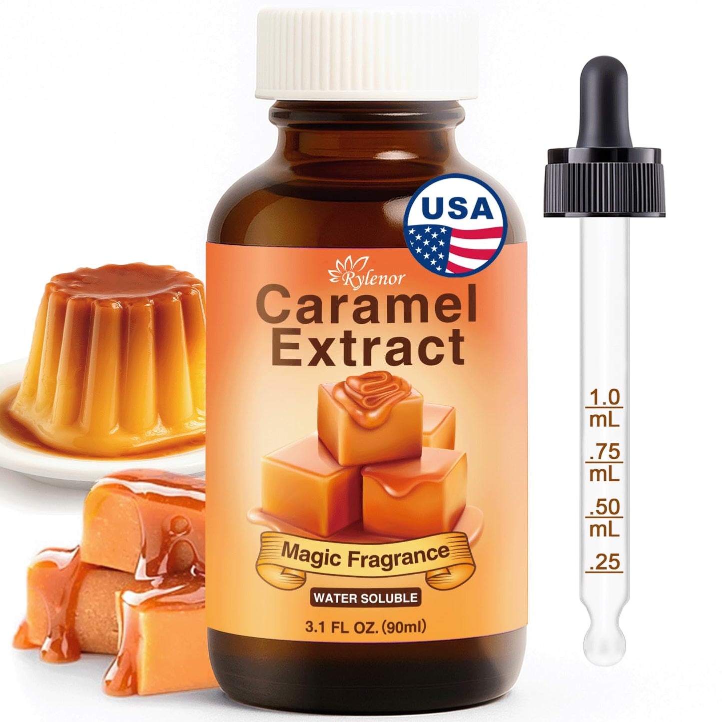 Rylenor 3 Oz Natural Caramel Extract For Baking Pudding Cupcakes & Ice Cream Water-Soluble Sugar-Free Concentrated Caramel Extract For Drinks Coffee Lattes Includes Measured Dropper