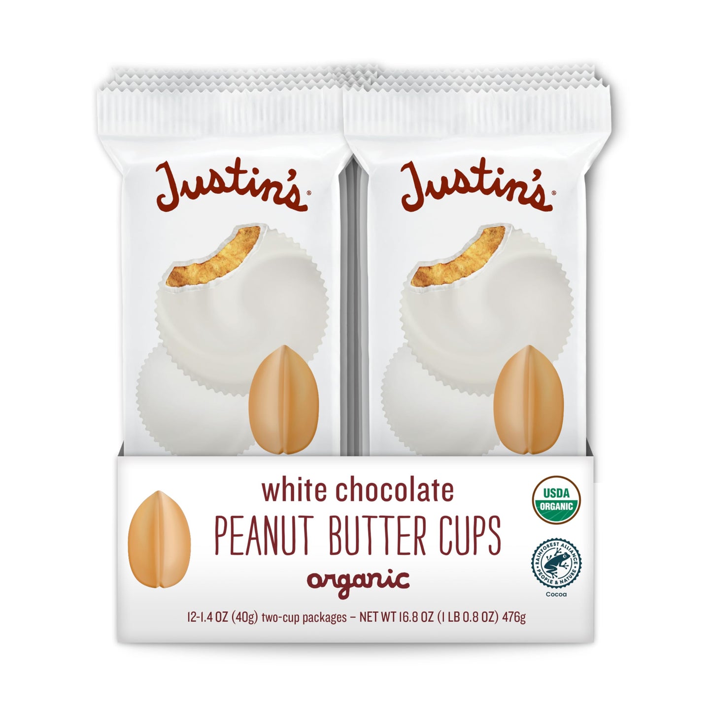Justin'S Organic White Chocolate Peanut Butter Cups, Rainforest Alliance Certified Cocoa, Gluten-Free, Responsibly Sourced, 1.4