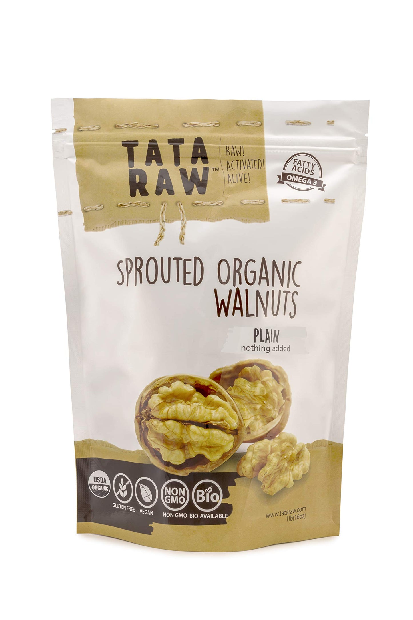 Tata Raw - Sprouted Organic Walnuts - Plain. Nothing Added -1 Lb. Soaked & Air Dried Super Quality. Raw. Alive. Activated. Fresh