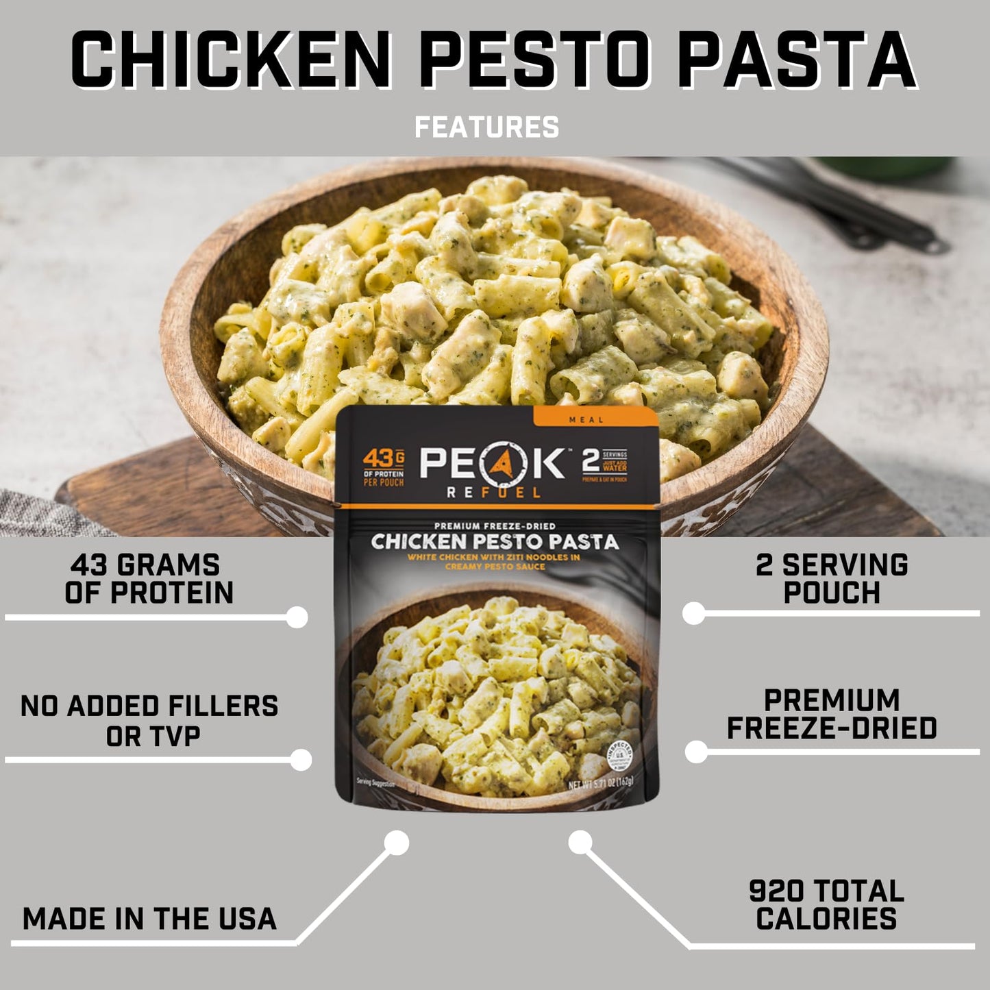 Peak Refuel Chicken Pesto Pasta| Premium Freeze Dried Camping Food | Backpacking & Hiking Mre Meals | Just Add Water | 100% Real