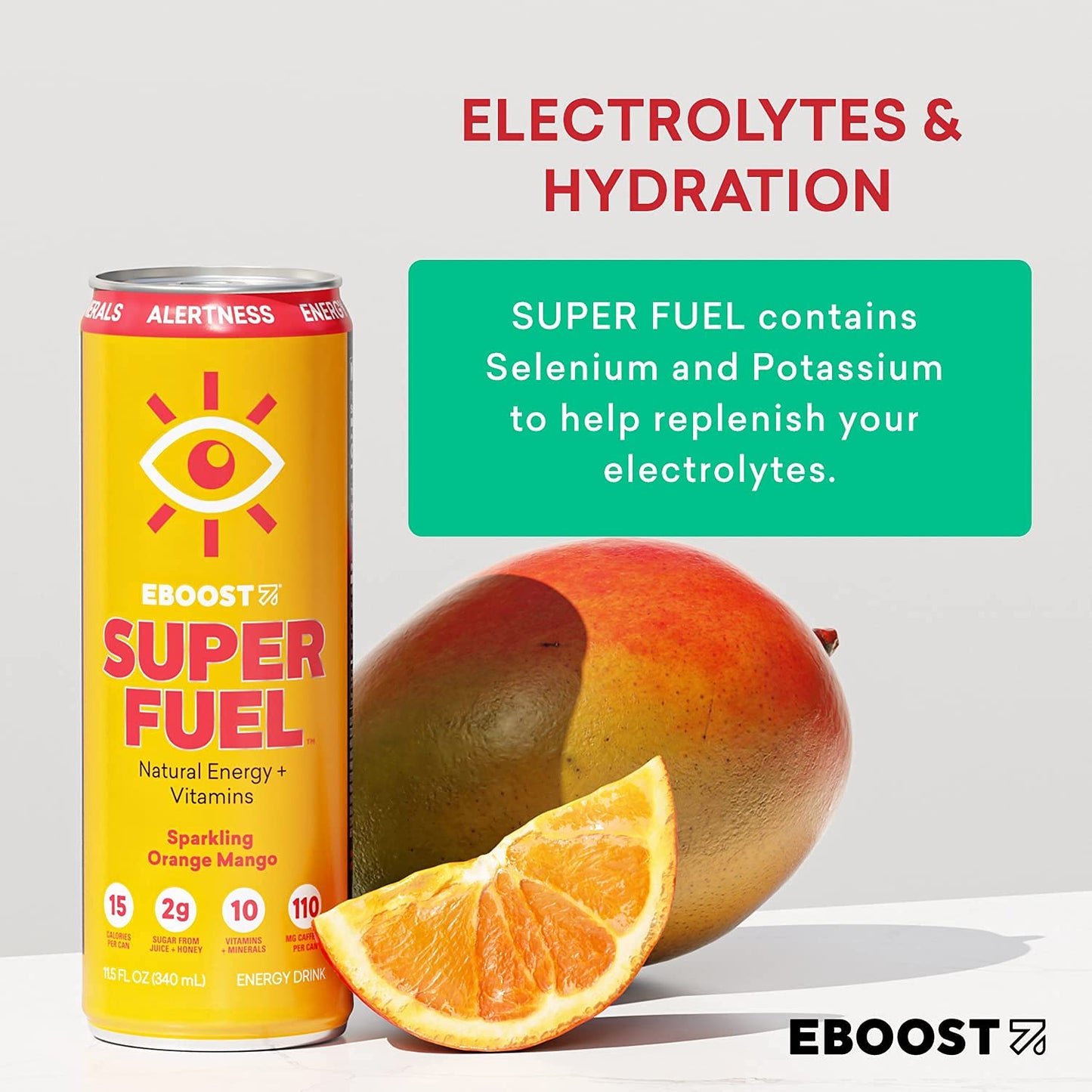 Eboost Super Fuel Healthy Energy Drink - Caffeine From Natural & Clean Ingredients For Focus And Productivity -Taurine Free Pre-Workout With Electrolytes, Nootropic & Vitamins - Orange Mango, 12 Pack