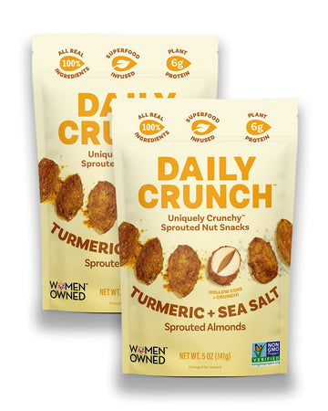 Daily Crunch Sprouted Almonds, 5 Ounce Resealable Bags (Golden Goodness, 2 Pack) - Savory Spices, Sea Salt And Turmeric, Sproute