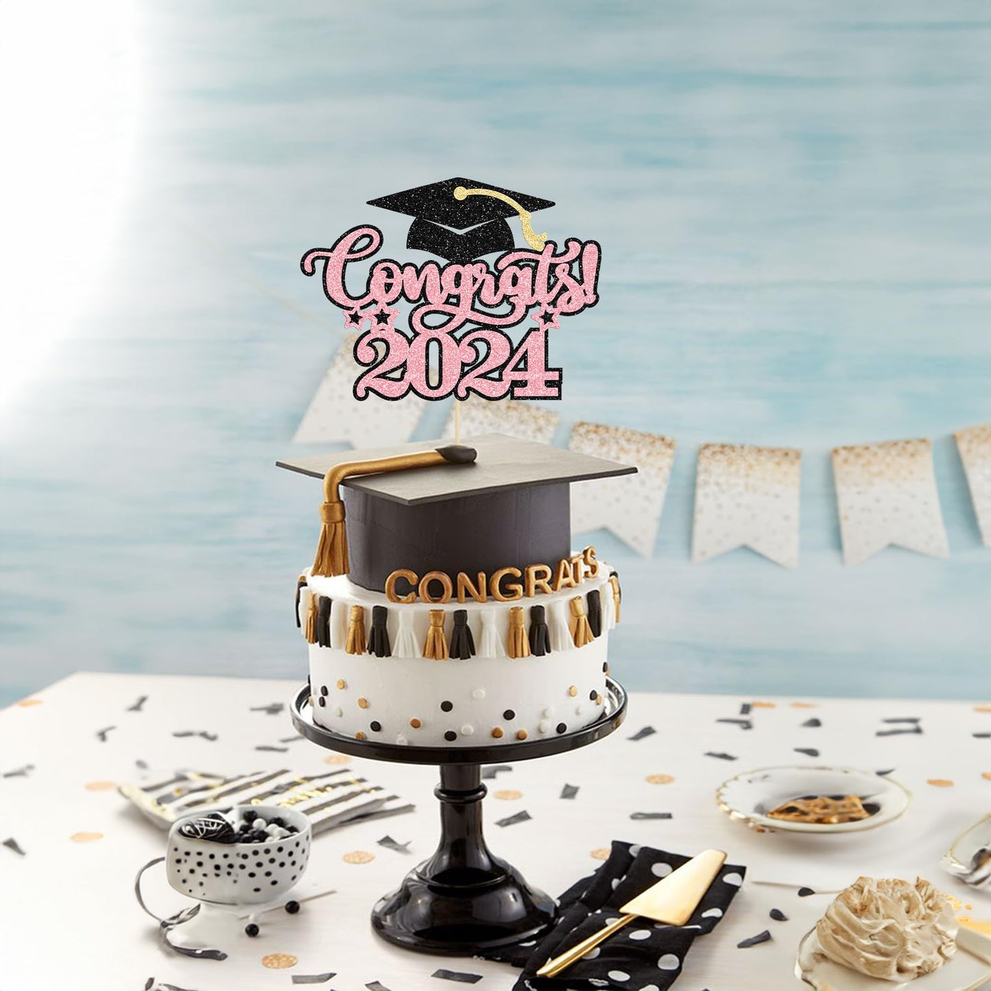 Gyufise 1Pcs Congrats 2024 Cake Topper Glitter Diploma Grad Cap Cake Pick Class Of 2024 Graduation Cake Decoration For 2024 Grad
