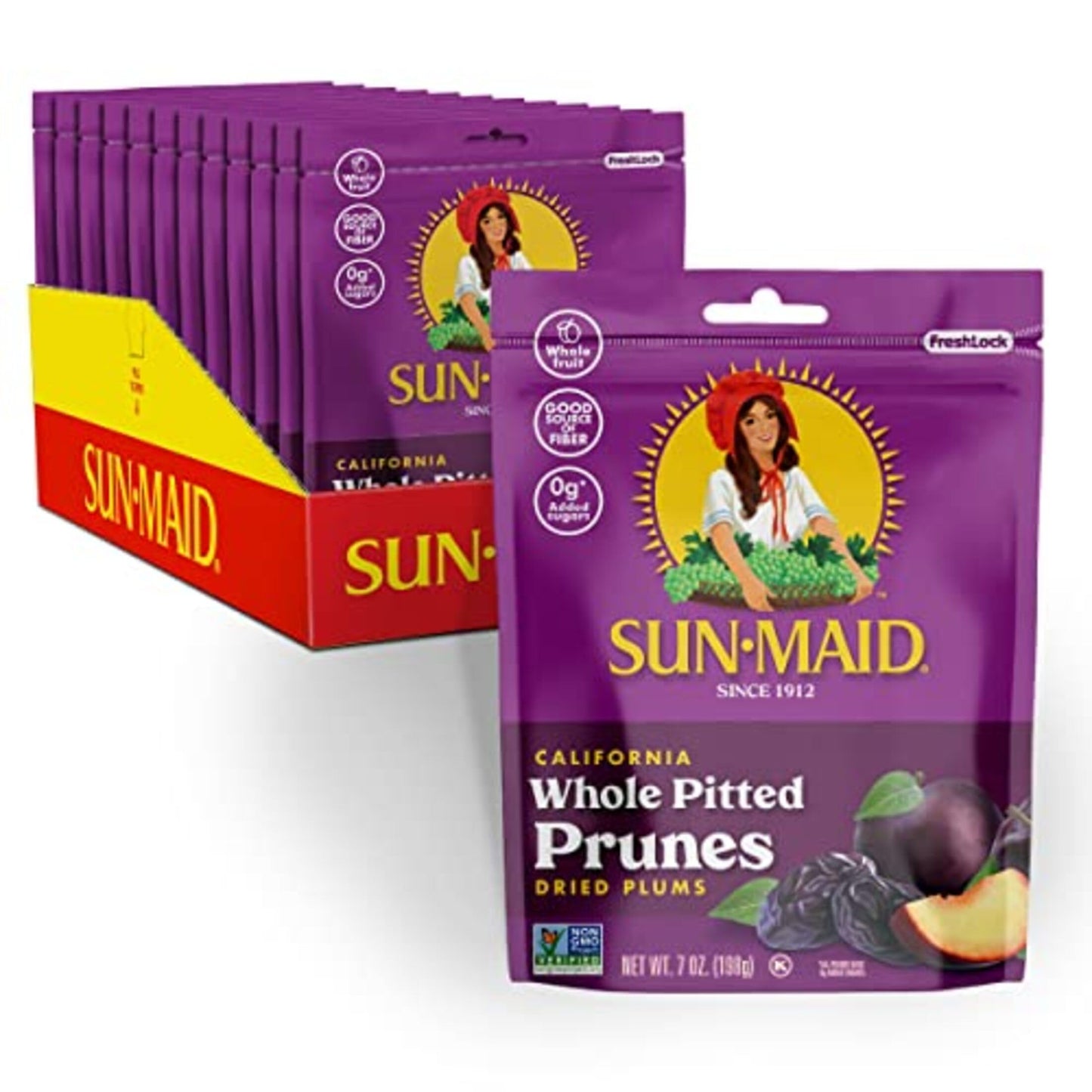 Sun-Maid California Sun-Dried Whole Pitted Prunes - (12 Pack) 7 oz Resealable Bag - Dried Plums - Dried Fruit Snack for Lunches,
