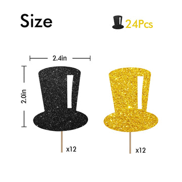 24Pcs Tophat Cupcake Toppers, Hat Cupcake Topper For Boys, Little Boy Food Picks, Magic Themed Birthday Party Decoration - Black