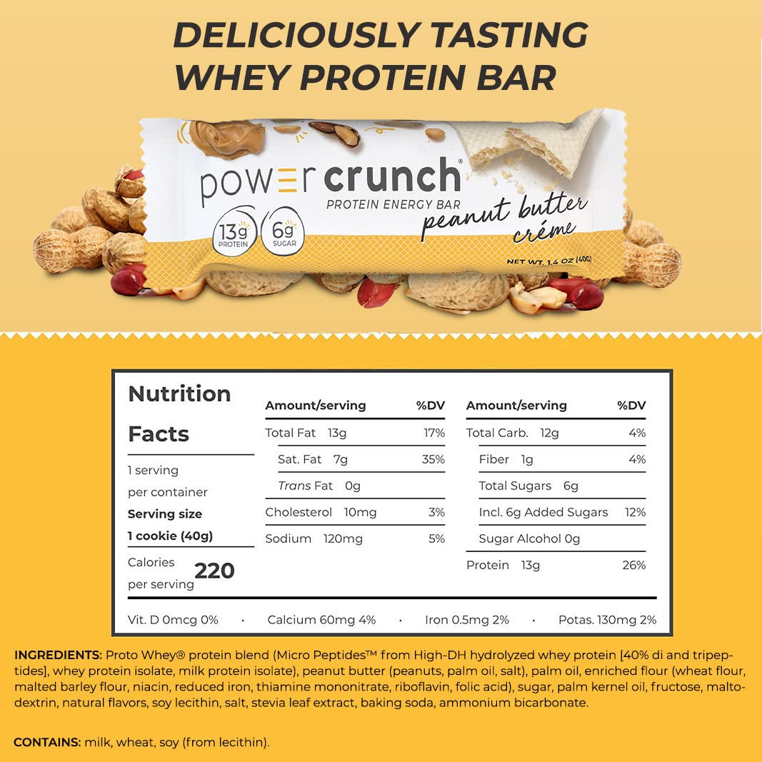 Power Crunch Whey Protein Bars, High Protein Snacks With Delicious Taste, Peanut Butter Cream, 1.4 Ounce (12 Count)
