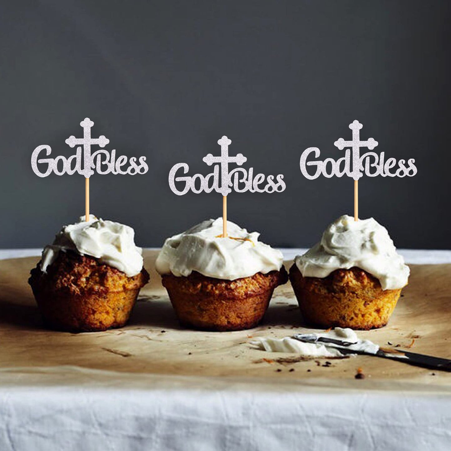 Ercadio Cupcake Toppers 36 Pack Silver Cross Glitter Baptism Decoration Small