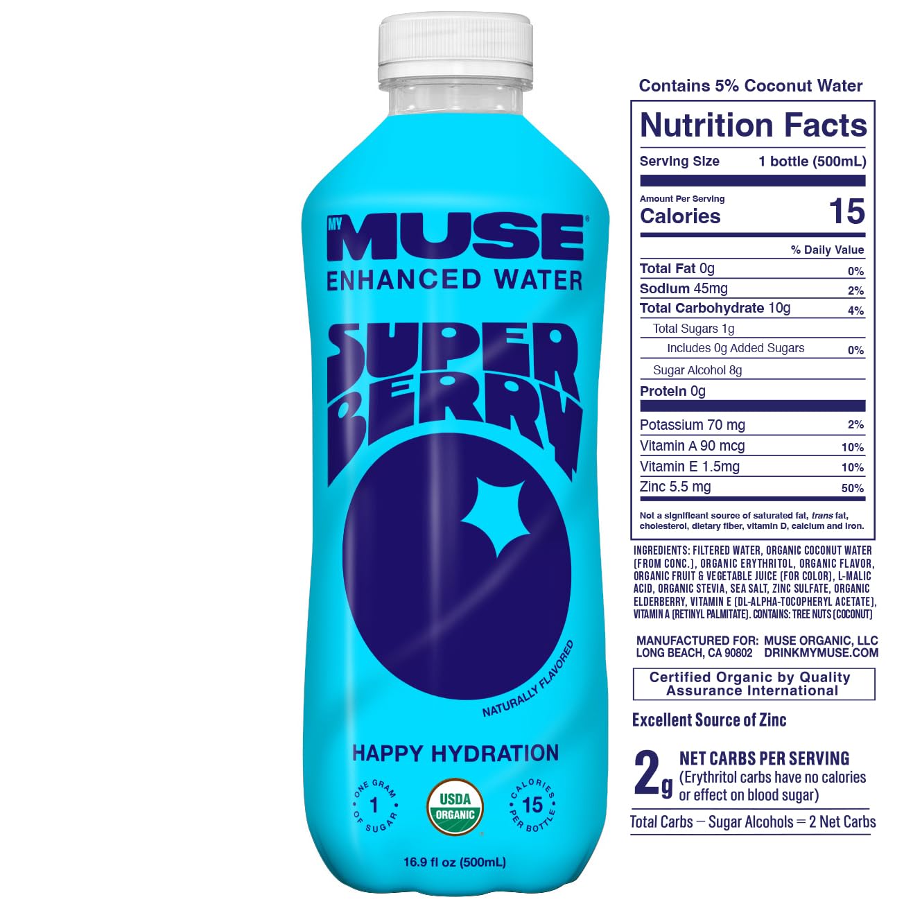 MyMuse Organic Enhanced Flavored Water, Super Berry, 16.9 Fl Oz Bottle (12 pack), 1G of Sugar, Immune Support with Zinc & Elderb