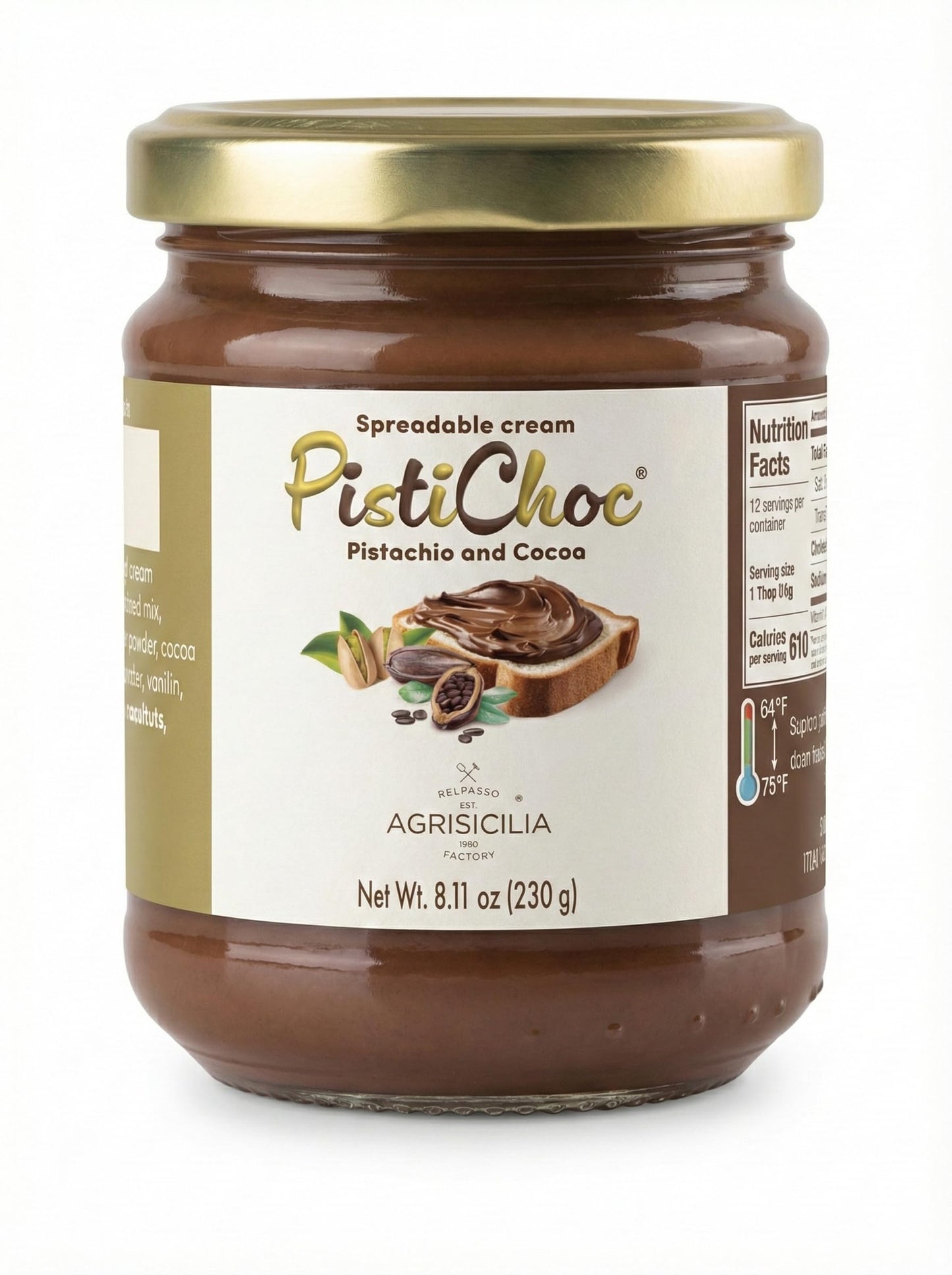 Agrisicilia Pistachio & Cacao Cream Spread - Italian Chocolate Pistachio Spreadable Dessert 230 G Glass Jar Made In Sicily