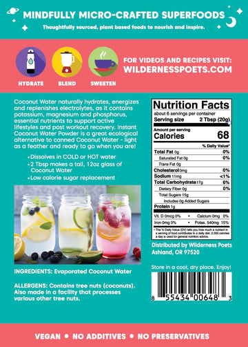 Wilderness Poets, 100% Evaporated Coconut Water Powder - No Maltodextrin, No Fillers, No Additives - 1 Ingredient - Instant Mix