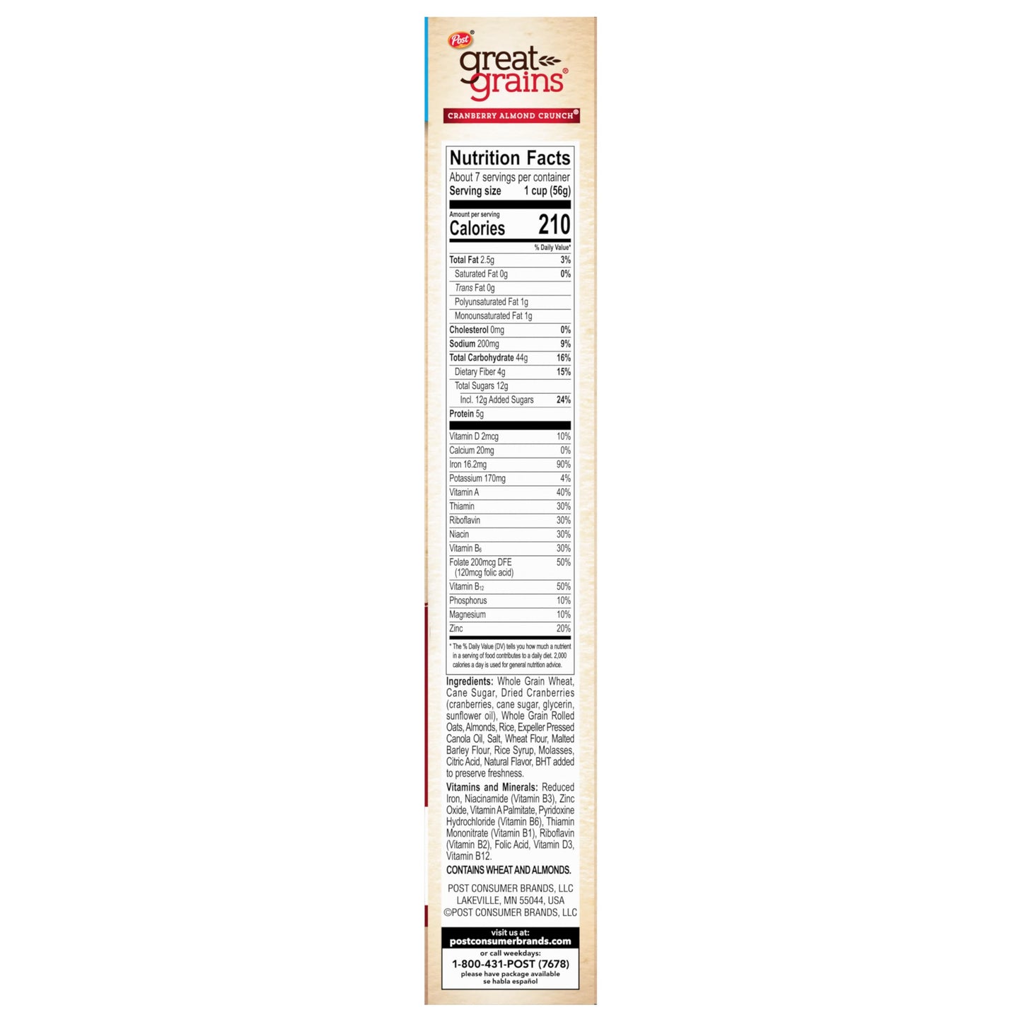 Great Grains Cranberry Almond Crunch Cereal, Cereal with Dried Cranberries and Almonds, Non-GMO Project Verified, 14 OZ Box