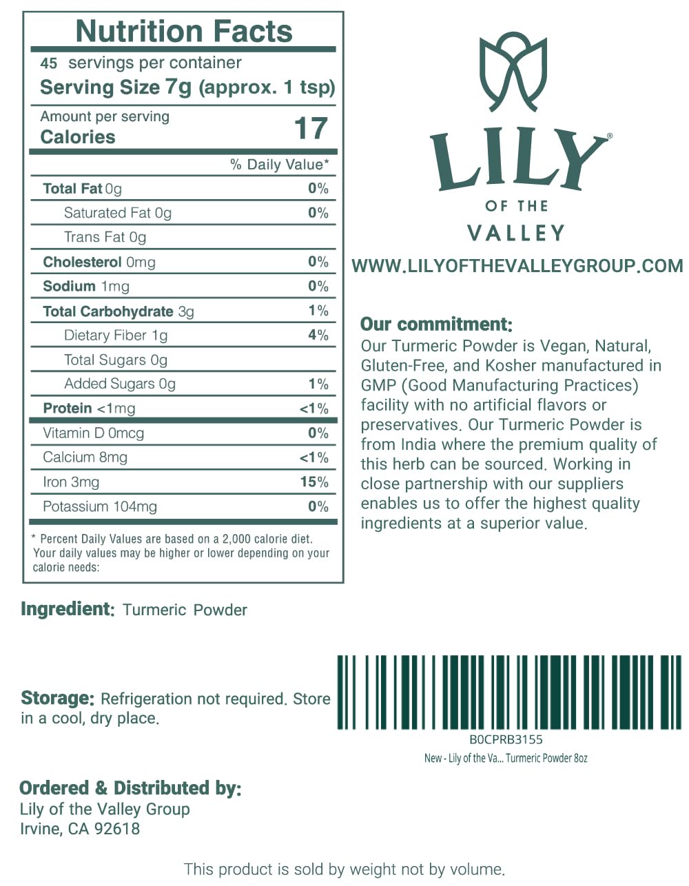 Lily Of The Valley Turmeric Root Powder - Ground Curcumin Powder - 100% Raw From India - Great For Cooking, Baking & Latte - Vegan & Gluten-Free - Packed In Resealable Pouch (8Oz, 226G)