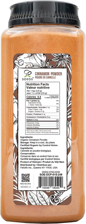 Soeos Organic Ground Cinnamon Powder, Non-GMO, Kosher Certified, 15 oz (425g), Orange