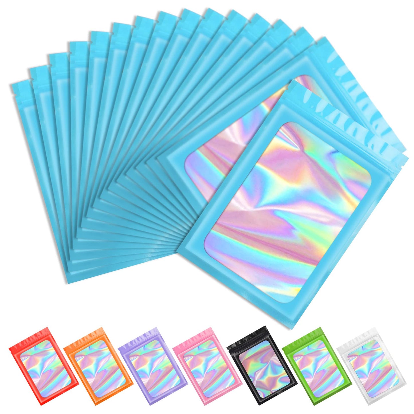 Funfery 100 Pcs Blue Mylar Holographic Bags Packaging Bags,Clear Sealing Resealable Smell Proof Bags Foil Pouch Ziplock Bags For