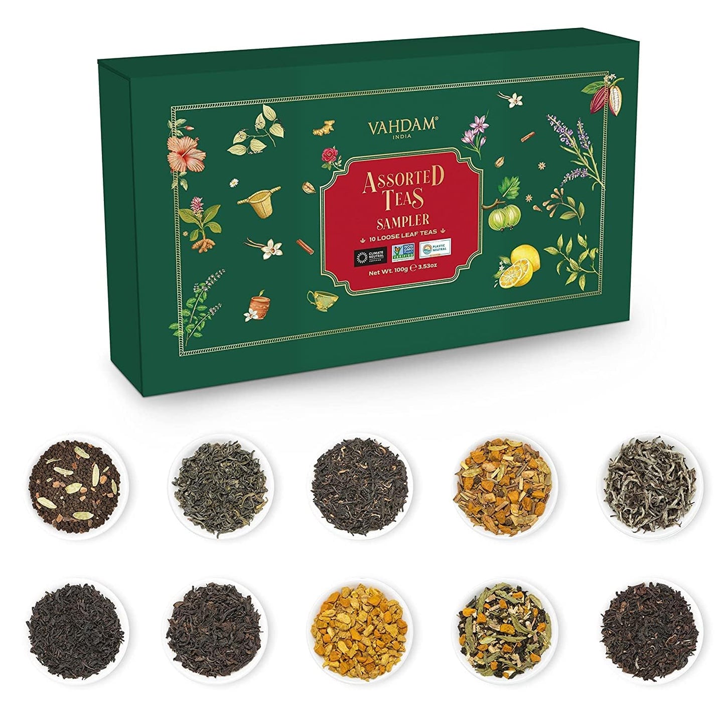 VAHDAM, Assorted Loose Leaf Tea Sampler (10 Teas, 50 Servings) Non-GMO, Gluten Free | Whole Loose Leaf Tea Sampler | Tea Variety