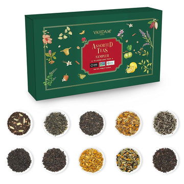 VAHDAM, Assorted Loose Leaf Tea Sampler (10 Teas, 50 Servings) Non-GMO, Gluten Free | Whole Loose Leaf Tea Sampler | Tea Variety
