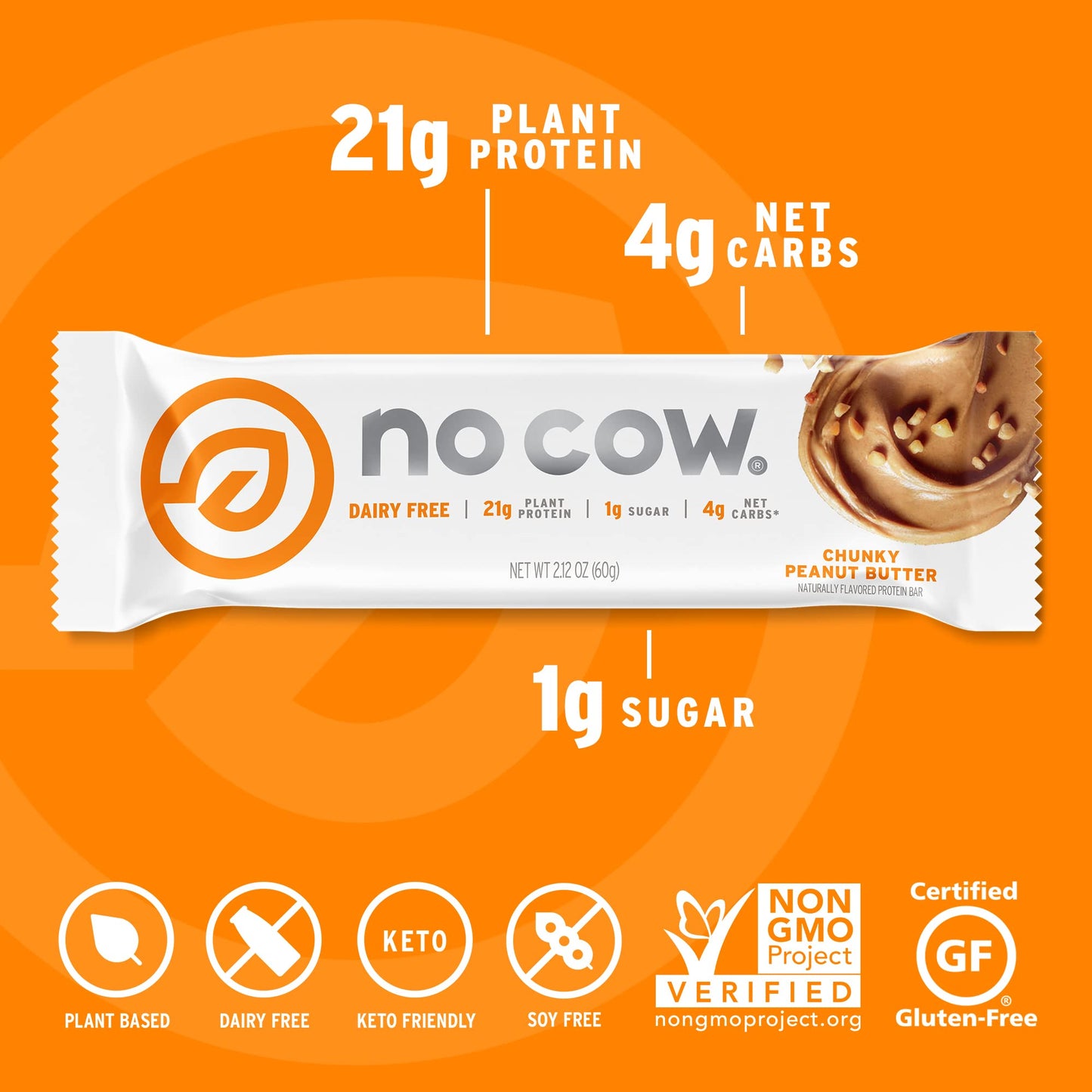 No Cow High Protein Bars, Chunky Peanut Butter, 21g Plant Based Vegan Protein, Keto Friendly, Low Sugar, Low Carb, Low Calorie,