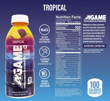 A-Game Sports Drink, Tropical, The Ultimate Hydration Sports Beverage For Athletes, 8 Essential Vitamins Including B, C, & E Plu