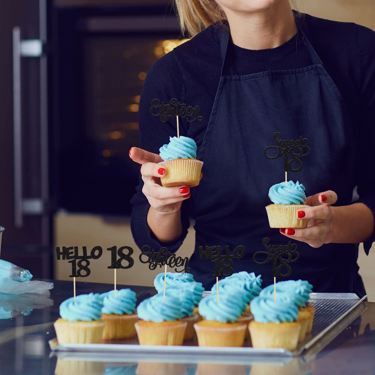 Gyufise 24Pcs Black Glitter 18th Birthday Cupcake Toppers Sweet 18 Hello 18 Eighteen Cupcake Picks for 18th Birthday Cake Decora