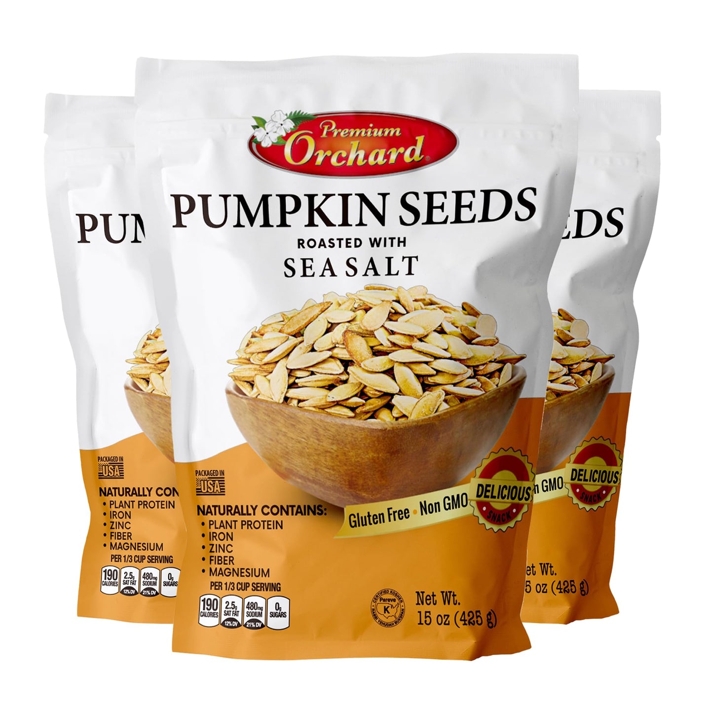 ROASTED PUMPKIN SEEDS to Eat in Shell by enhanced Orchards MIXED NUTS - Salted with Sea Salt - Non-GMO Vegan Fresh Healthy Snacks/ - Great source of Plant Protein Zinc Magnesium & Iron (Value Pack - 3 Bags)