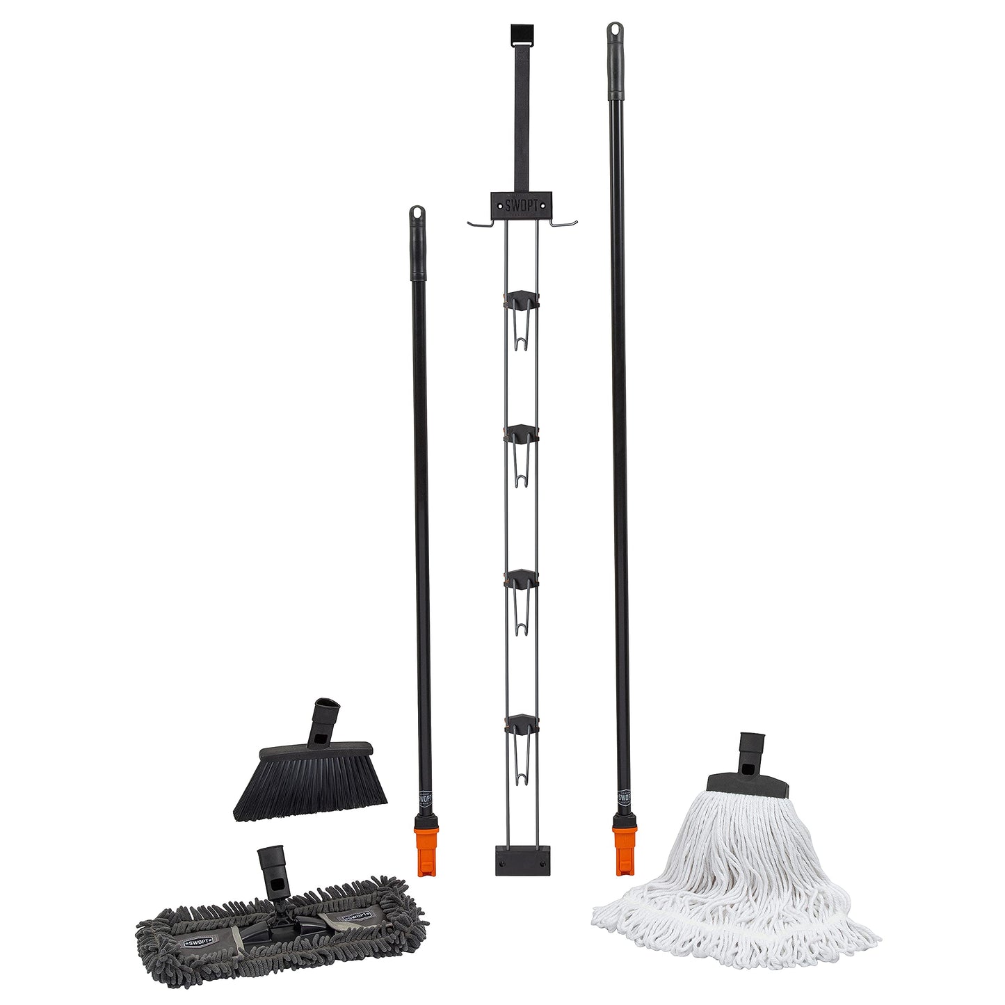 Swopt Indoor Kit - Includes 18 Dust Mop, Cotton Mop, Angle Broom, 48 And 60 Steel Handles, And Organizer - Cleaning Heads With L