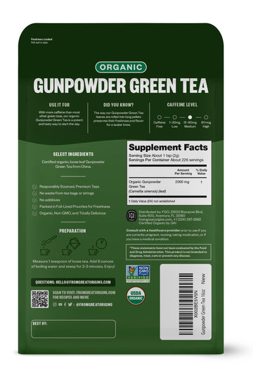 FGO Organic Gunpowder Green Tea Loose Leaf 16oz Bulk Resealable Bag Packaging May Vary (Pack of 1)