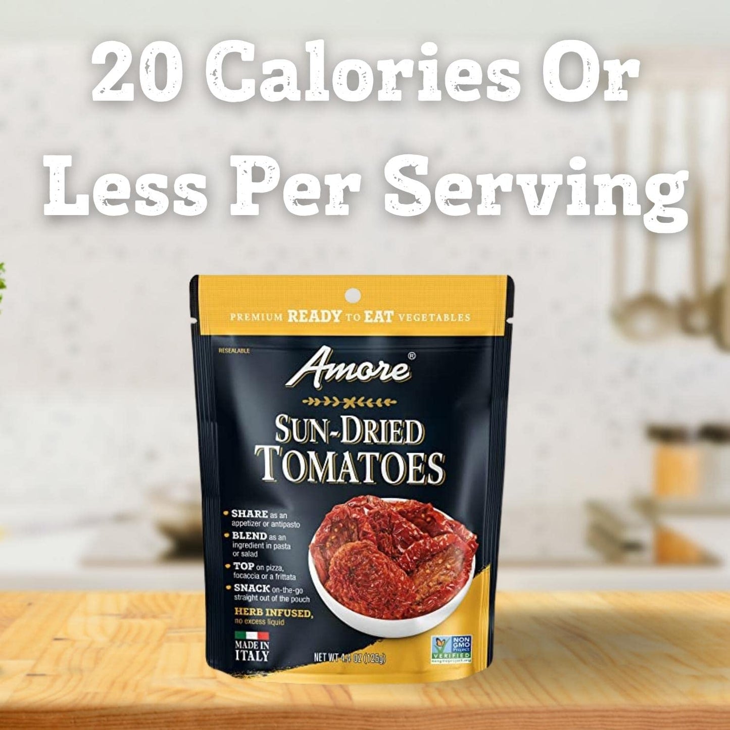 Amore Vegan Sun Dried Tomatoes - Non GMO Certified Ready-to-Eat Herb Infused Vegetables In Resealable Bags 4.4 Ounce (Pack of 10