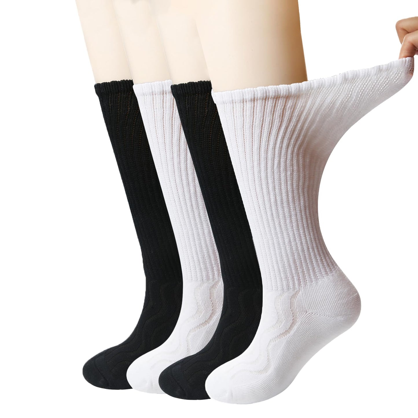 +Md 4 Pairs Non-Binding Women'S Cushioned Moisture Wicking Diabetic Crew Dress Socks 13-15 Black/White