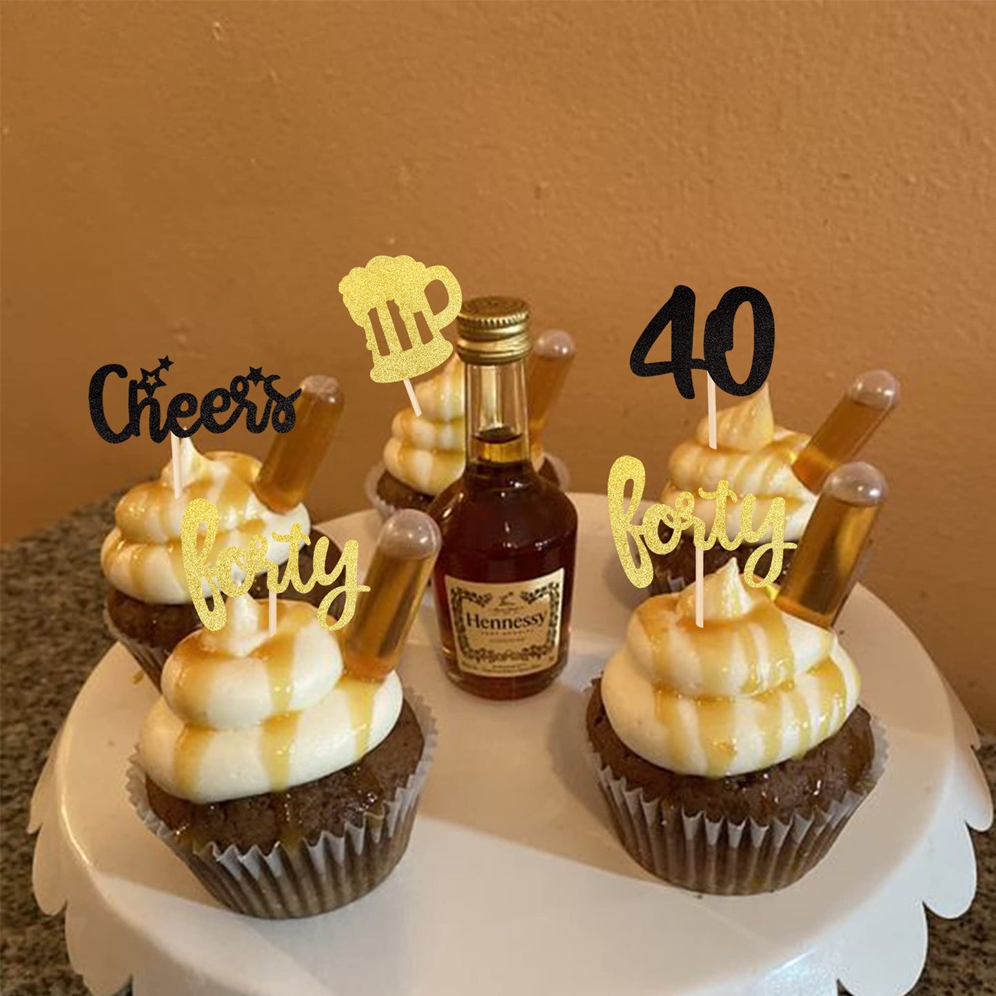 ZHUOWEISM 36 PCS Cupcake Toppers Glitter malt-inspired Mug Decorations for 40th Birthday, Small, Gold+White, Bamboo Material