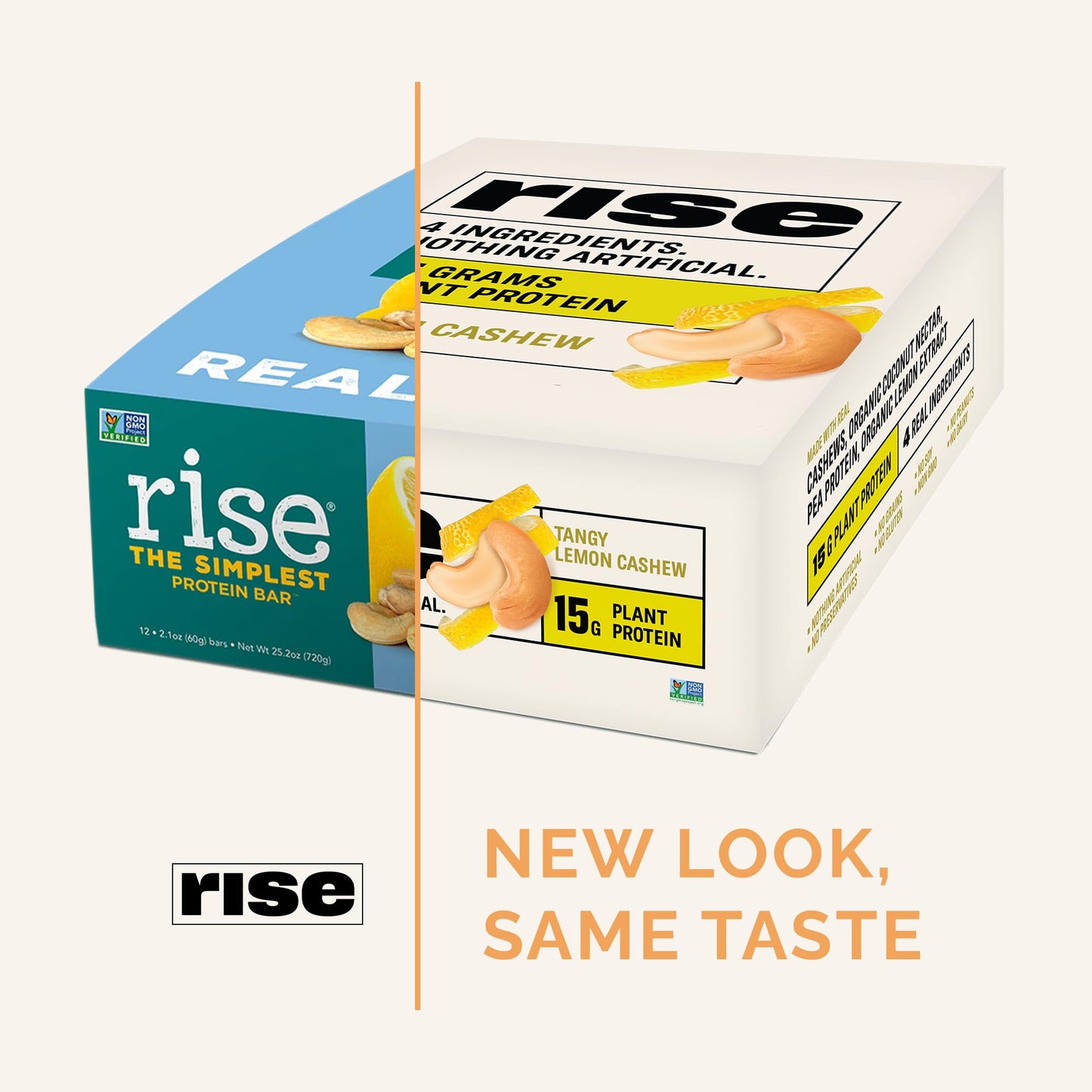 Rise Pea Protein Bar - Vegan Lemon Cashew | Breakfast Bar & Protein Snack 15g Protein Just 3 Whole Food Ingredients Non-GMO Glut