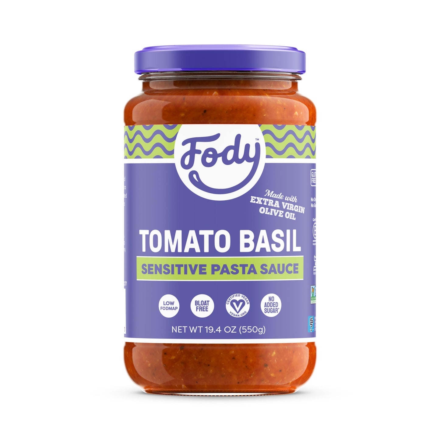 Fody Foods Tomato Basil Pasta Sauce, 19.4 Oz, Garlic and Onion Free, Low FODMAP Certified, Gut & IBS Friendly, Vegan, Non-GMO, G