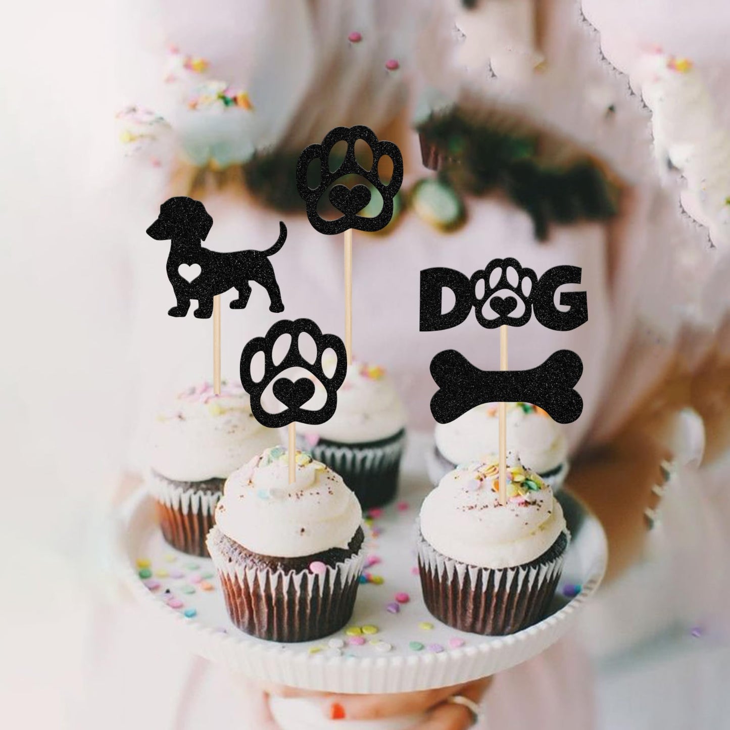 ZHUOWEISM 24 PCS Pet Dog Cupcake Toppers Glitter Bone Paw Picks Small Black Bamboo Decorations