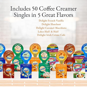 Coffee Creamer Singles Variety Pack – 50 Count – 5 Flavors: Half & Half, Hazelnut, French Vanilla, Caramel, Irish Creme – Non-Refrigerated Mini Creamers For Home, Office, Coffee Bar, Gifts