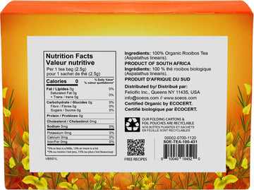 Soeos Organic Rooibos Tea, Naturally Caffeine Free, 100 Tagless Tea Bags, 9oz (250g), Black Tea